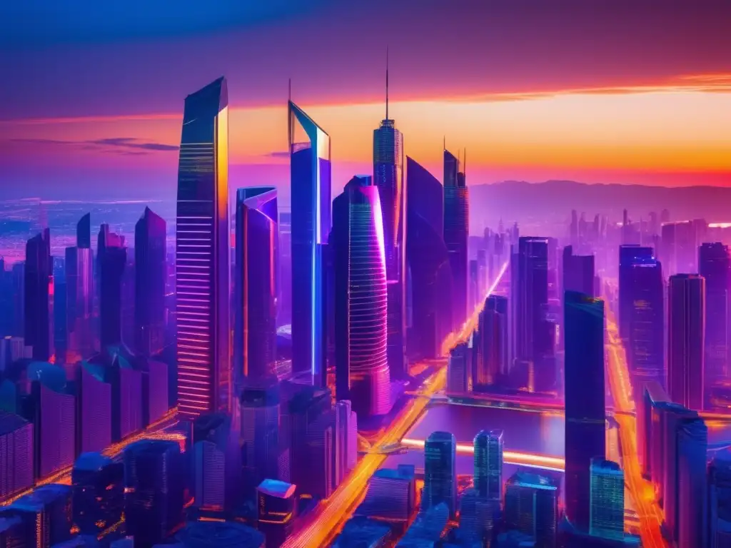 Futurista ciudad al atardecer Ciudad futurista al atardecer con rascacielos iluminados y vibrante luz neon