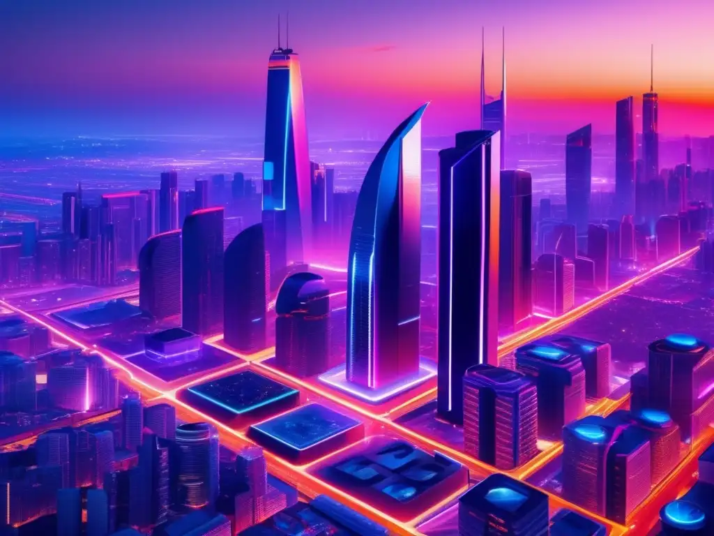 Futuroso ciudad nocturna con rascacielos y luces de neón Ciudad futurista al atardecer con rascacielos, luces neón y autos autónomos