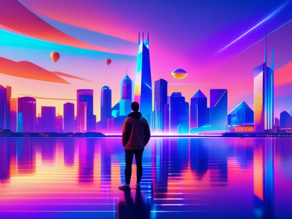 Futurista ciudad con criptomonedas Ciudad futurista al atardecer con rascacielos, criptomonedas y análisis fundamental en criptomonedas
