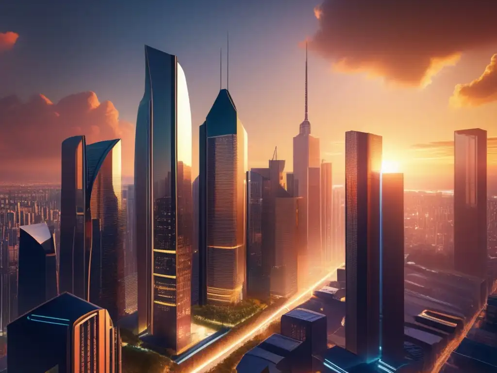 Futuro financiero en ciudad moderna Ciudad futurista al atardecer con rascacielos modernos y pantallas digitales mostrando datos financieros