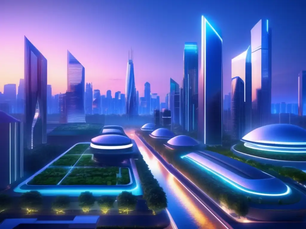 Ciudad futurista al caer la noche Ciudad futurista al atardecer con rascacielos modernos, naturaleza exuberante y transporte avanzado