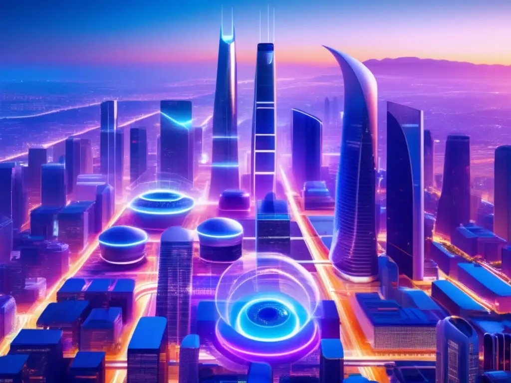 Ciudad futurista con 5G y tecnología avanzada Ciudad futurista al atardecer con rascacielos relucientes y 5G avanzado