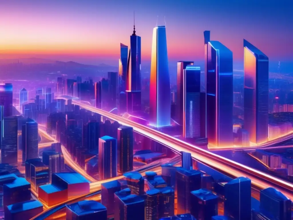 Ciudad futurista llena de rascacielos modernos y actividad Ciudad futurista al atardecer con rascacielos modernos, vehículos eléctricos y personas con tecnología avanzada
