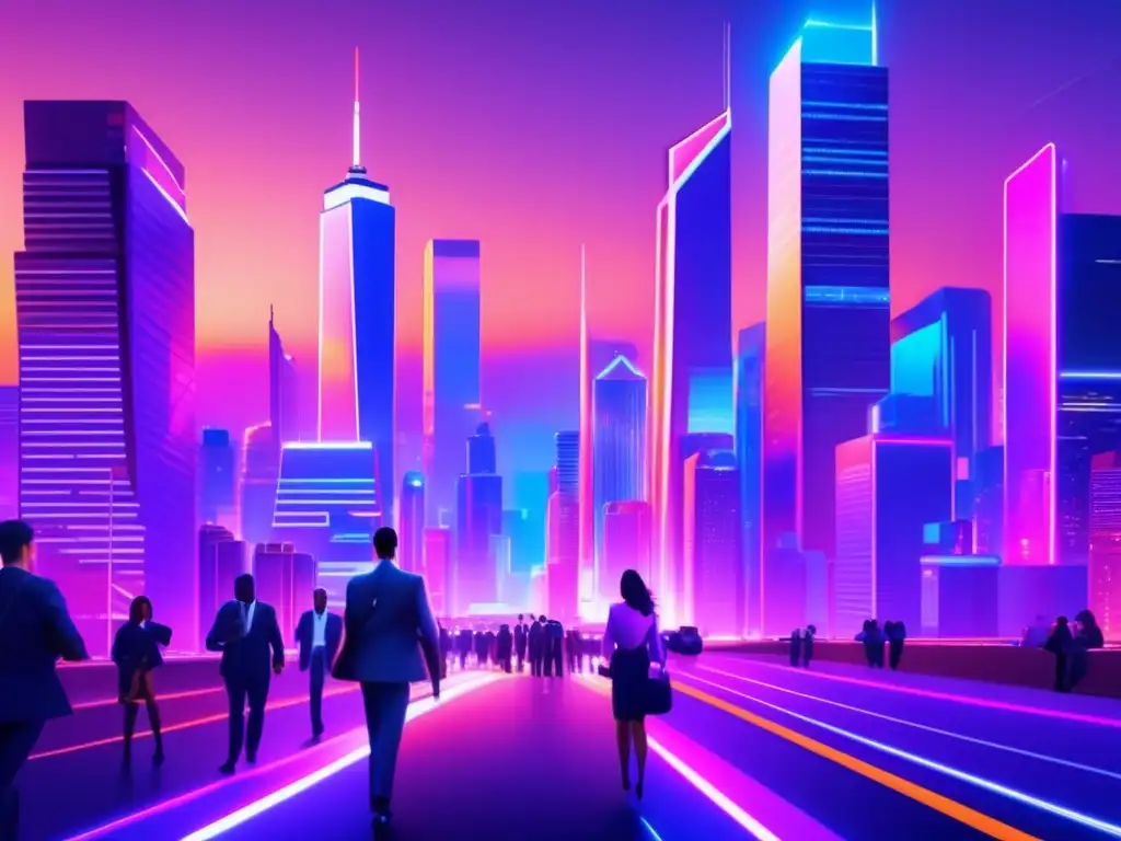 Ciudad futurista iluminada por neón Ciudad futurista al atardecer con rascacielos, arquitectura moderna y movimiento financiero
