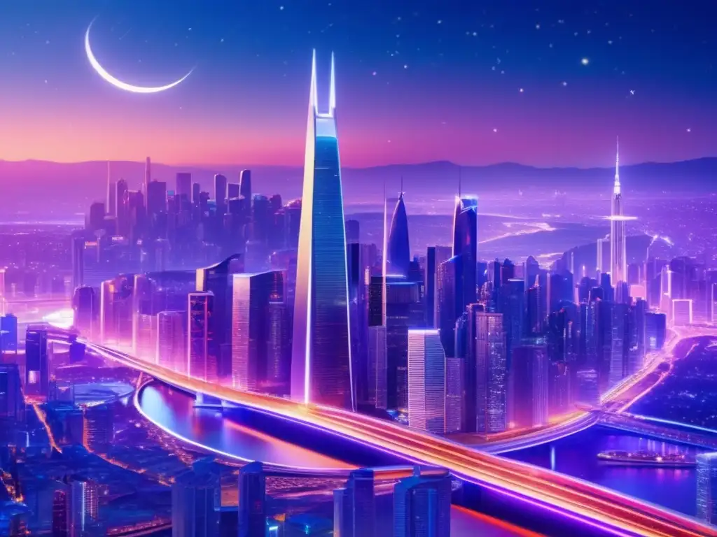 Futuro próspero y exitoso Ciudad futurista al atardecer con rascacielos, puentes y un inversor exitoso