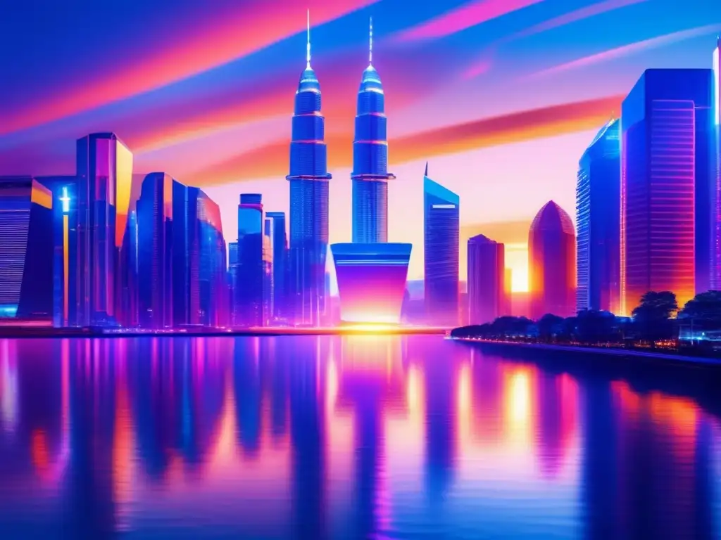 Futurista ciudad nocturna con rascacielos y monorriel Ciudad futurista al atardecer con rascacielos, arquitectura moderna, reflejos de luz, monorraíl y estrategias inversión petróleo
