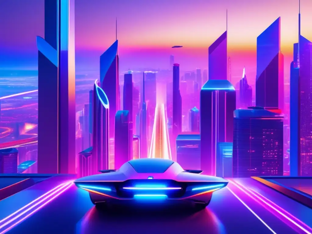 Futurista ciudad con rascacielos de cristal y acero Ciudad futurista al atardecer con rascacielos de vidrio y acero, iluminada por luces de neón y autos voladores