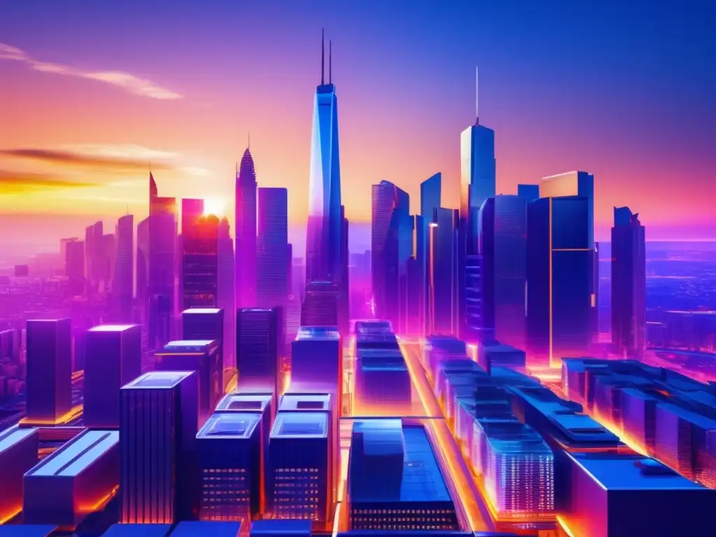 Futurista ciudad financiera al atardecer Ciudad futurista al atardecer con rascacielos modernos, billboards digitales y parques verdes