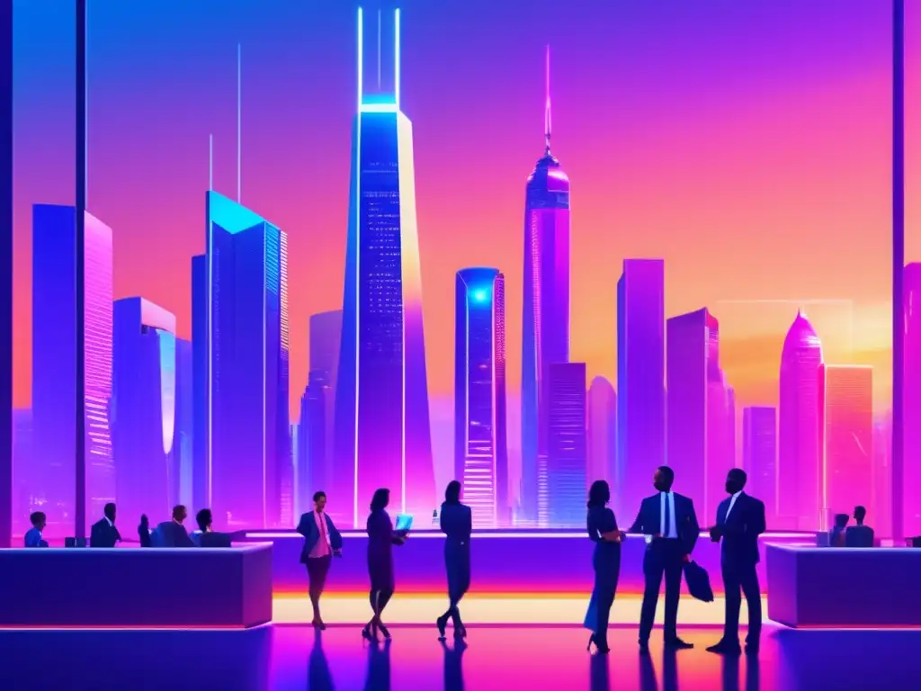 Futurista ciudad con rascacielos, luces de neón y diversidad Ciudad futurista al atardecer con rascacielos, arquitectura moderna e iluminación neón