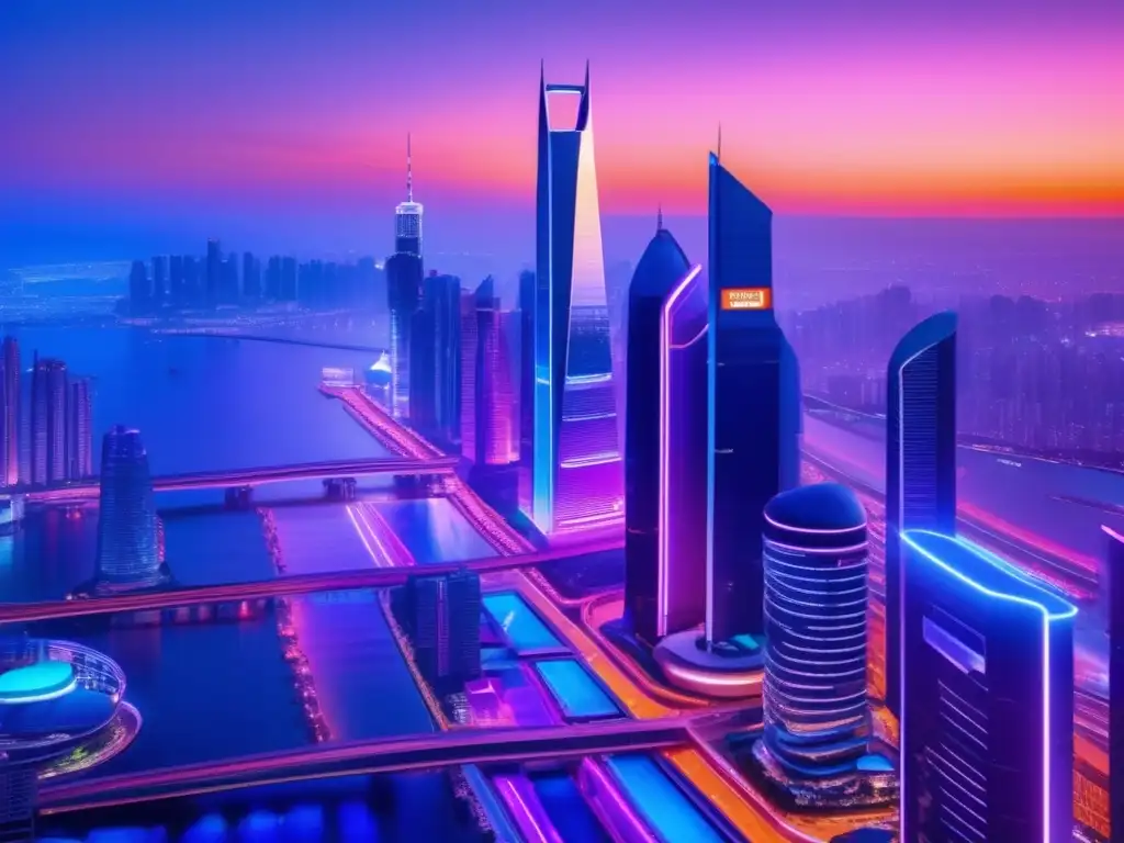 Ciudad futurista con rascacielos y luces neon Ciudad futurista al atardecer, rascacielos con carteles digitales, luces de neón brillantes, reflejo de inversión millonaria y ETFs
