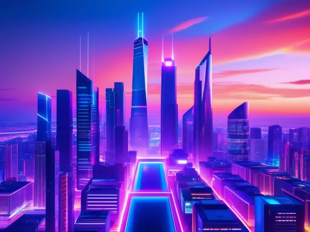 Ciudad futurista iluminada por neón Ciudad futurista al atardecer, con rascacielos modernos iluminados por luces de neón