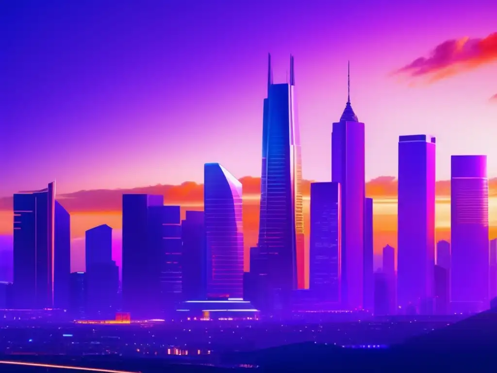 Ciudad futurista al atardecer con edificios modernos Ciudad futurista al atardecer, con rascacielos vanguardistas reflejando elegancia e innovación