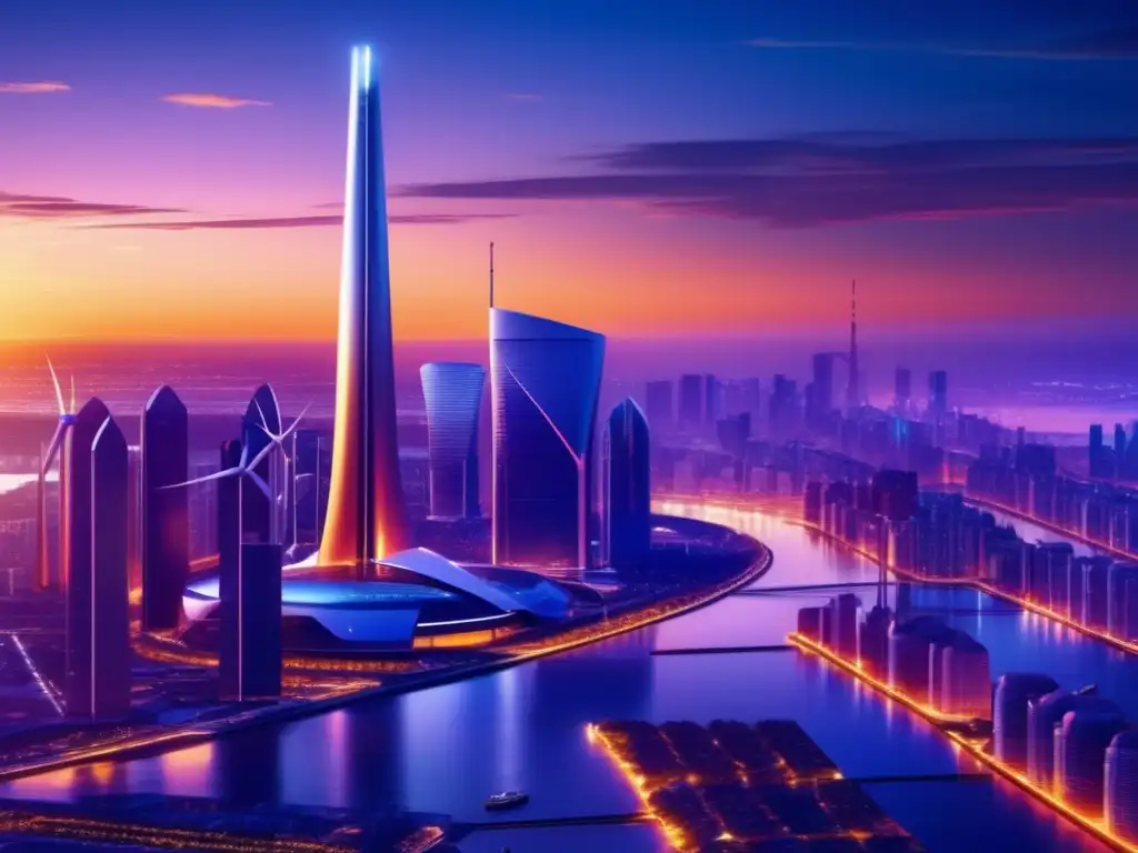 Ciudad futurista con energías renovables Ciudad futurista al atardecer, con rascacielos modernos reflejando el sol