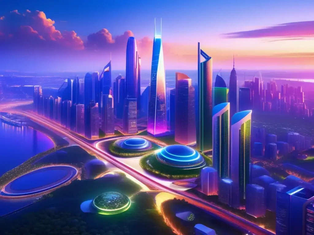 Futurista ciudad al atardecer con rascacielos y naturaleza Ciudad futurista al atardecer con rascacielos, naturaleza y trenes de alta velocidad