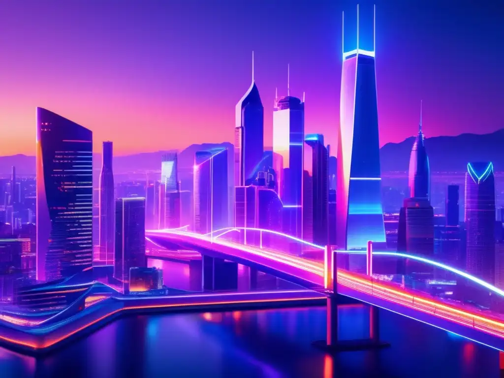 Futuro skyline nocturno con rascacielos iluminados Ciudad futurista al atardecer, con rascacielos modernos y puentes iluminados, simbolizando la interconexión financiera