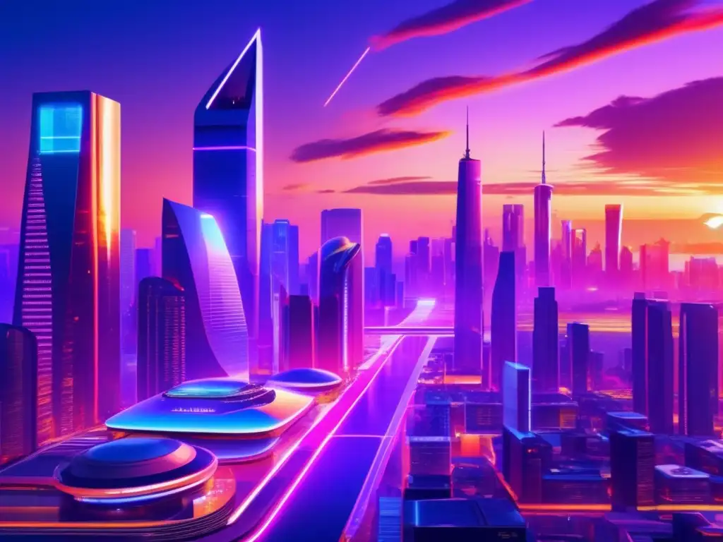 Ciudad futurista en atardecer con rascacielos modernos Ciudad futurista al atardecer, con rascacielos modernos y conectividad P2P