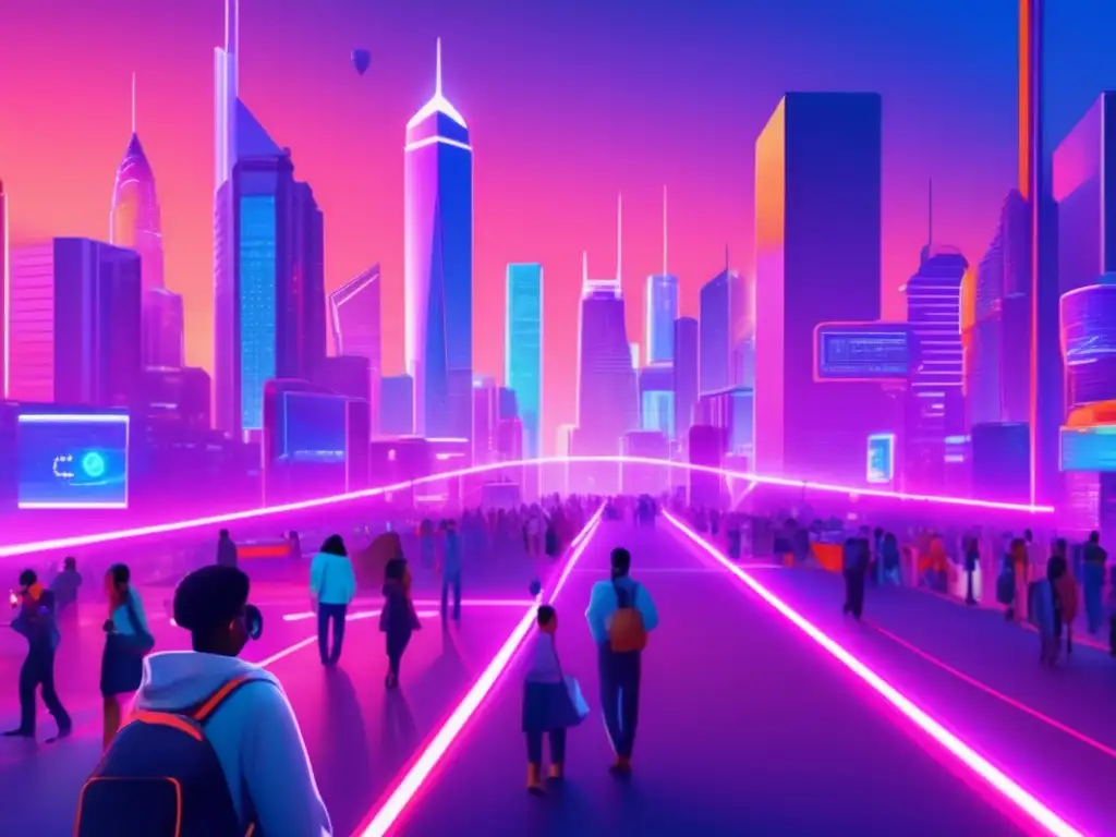 Ciudad futurista con rascacielos iluminados y personas usando criptomonedas Ciudad futurista al atardecer, con rascacielos iluminados y personas usando criptomonedas