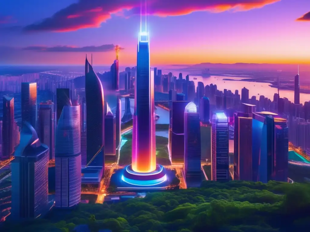 Futuro ciudad innovadora con inversión Ciudad futurista al atardecer con rascacielos modernos, estatua y profesionales discutiendo estrategias de inversión a largo plazo