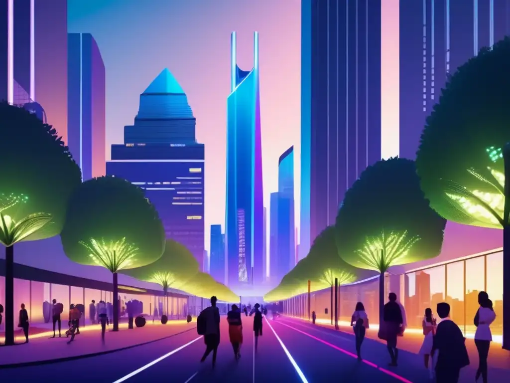 Ciudad futurista con arquitectura sostenible Ciudad futurista al atardecer con rascacielos modernos y arquitectura sostenible