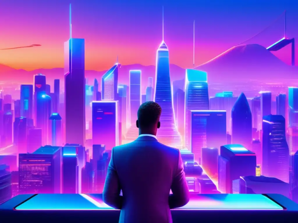 Futuro ciudad con rascacielos, criptomonedas y tecnología Una ciudad futurista al atardecer con rascacielos y hologramas de criptomonedas