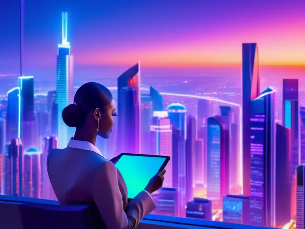 Futuro urbano con tecnología financiera Ciudad futurista al atardecer con rascacielos modernos y vibrantes luces de neón