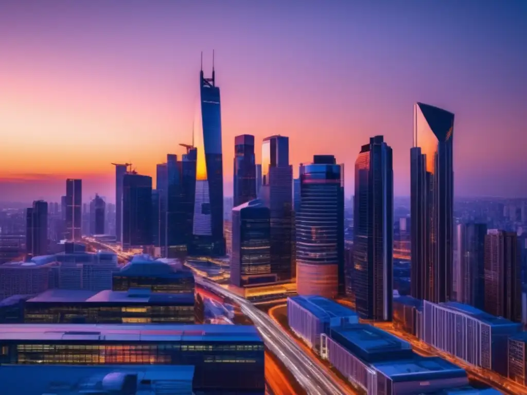 Ciudad moderna al atardecer: diversidad y colaboración Ciudad futurista al atardecer con rascacielos modernos y personas diversificadas discutiendo estrategias inversión Brexit
