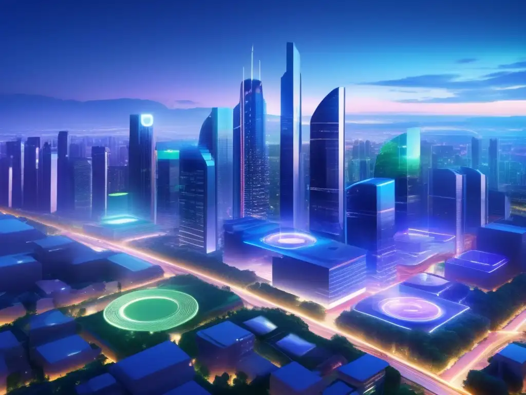 Futurista ciudad con tecnología inmobiliaria Ciudad futurista al atardecer con tecnología en inversión inmobiliaria