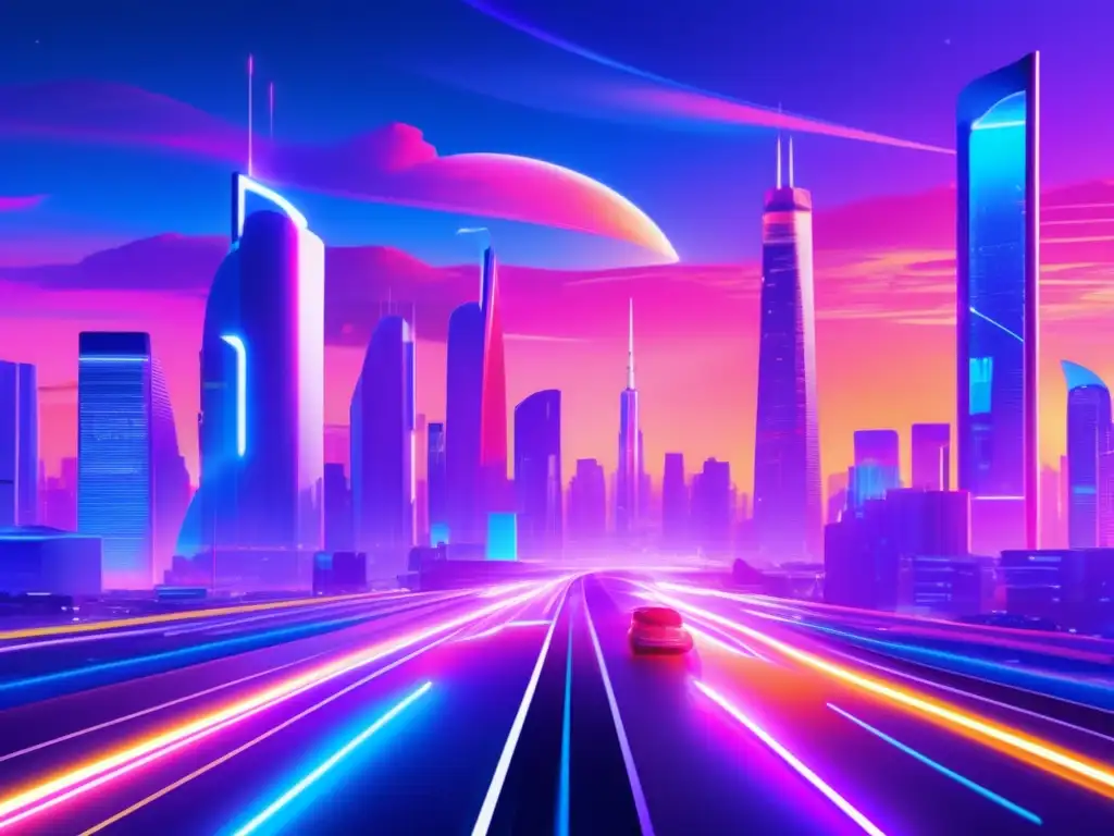 Futuro de vehículos eléctricos Ciudad futurista al atardecer con vehículos eléctricos, edificios modernos y tecnología sostenible - Ventajas de invertir en vehículos eléctricos