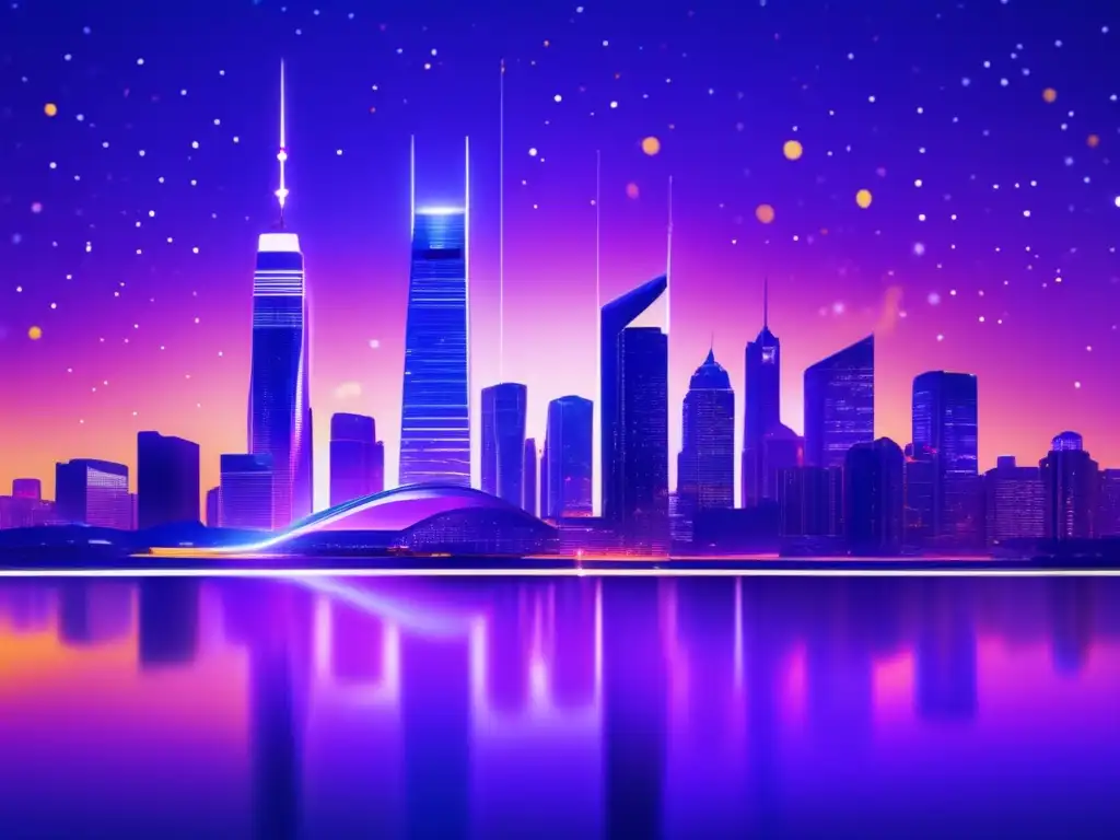 Futuro de la analítica financiera Ciudad futurista al atardecer con visualizaciones de datos, representando software de analítica predictiva financiera