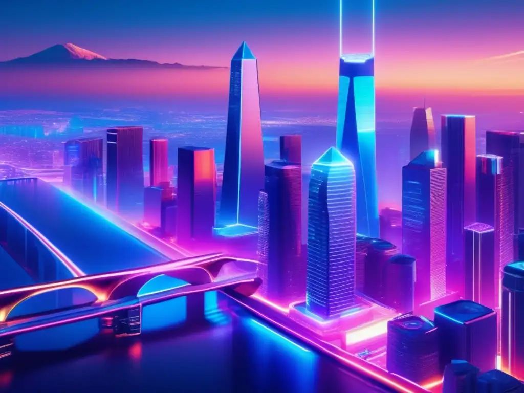 Futurista ciudad cripto Una ciudad futurista bañada en una suave luz etérea, con rascacielos, señales de neón, coches voladores y personas involucradas en actividades cripto