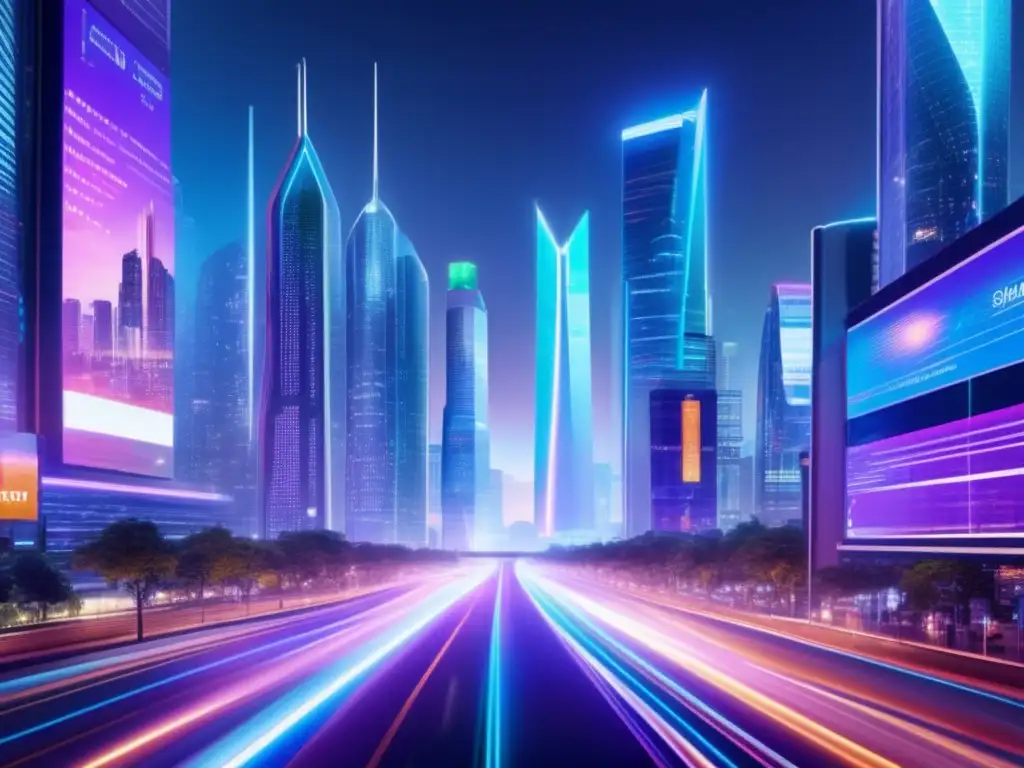 Futurista ciudad nocturna con rascacielos y tecnología AI Ciudad futurista con IA: Beneficios de la inteligencia artificial en inversiones