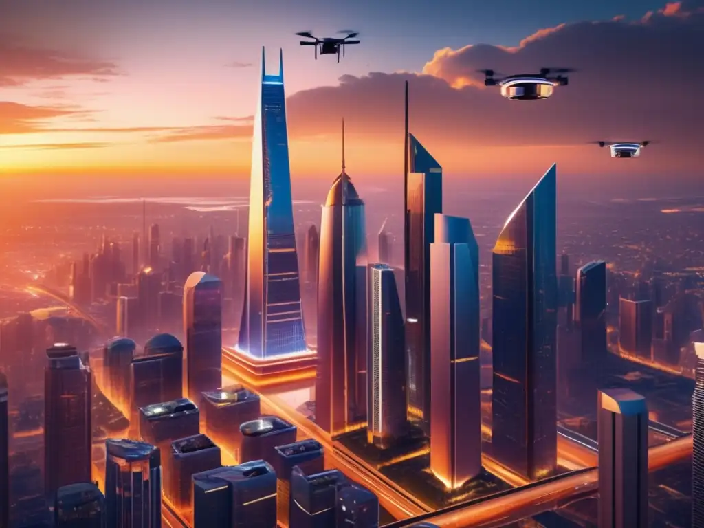 Ciudad futurista al atardecer con tecnología blockchain Ciudad futurista con blockchain: beneficios de diversificar (110 caracteres)