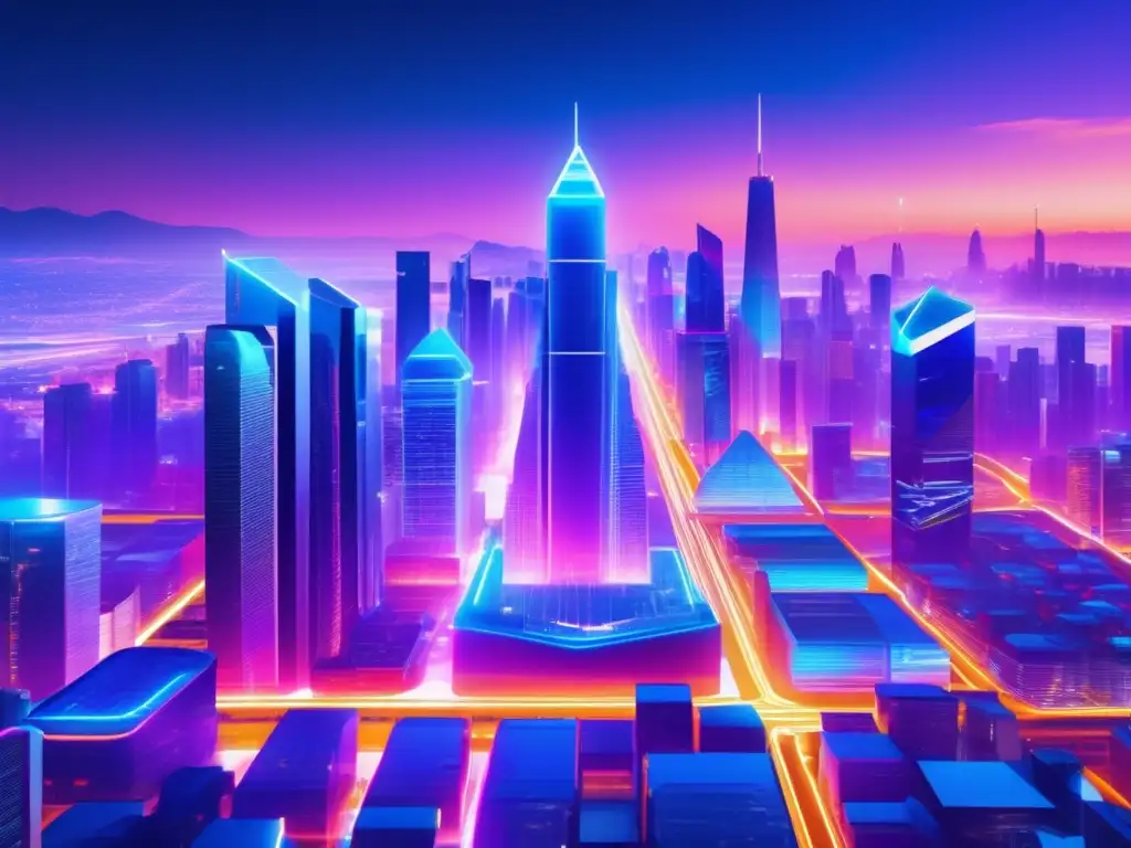 Futuro ciudad blockchain oráculos Ciudad futurista con oráculos blockchain y criptomonedas