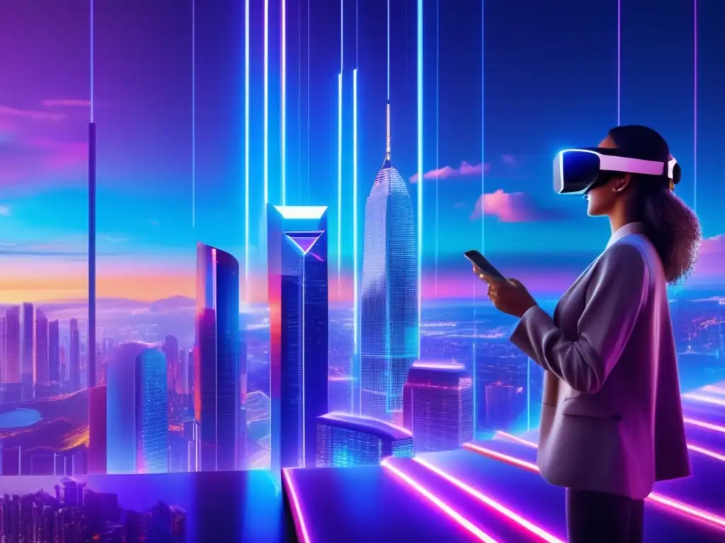 Futuro cityscape con blockchain Ciudad futurista con blockchain: tecnología y finanzas descentralizadas