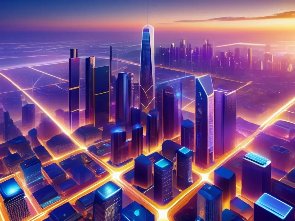 Futurista ciudad con rascacielos LED Ciudad futurista con blockchain: Transacciones inmobiliarias seguras y transparentes