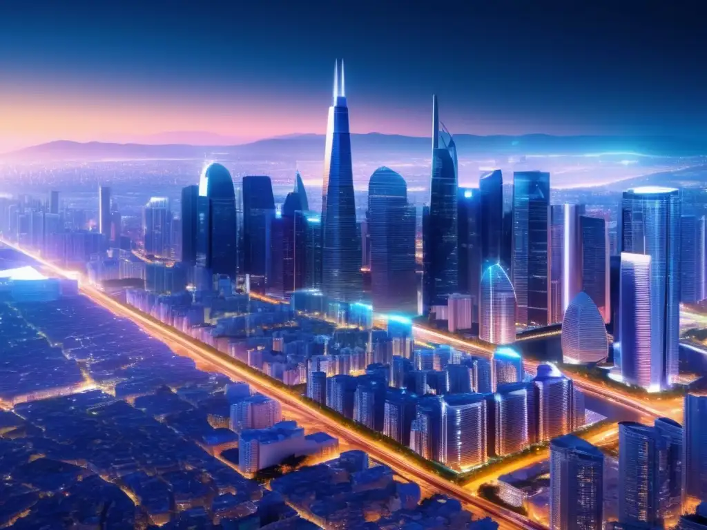 Ciudad futurista nocturna con rascacielos brillantes Ciudad futurista con cambios legislativos en inversiones