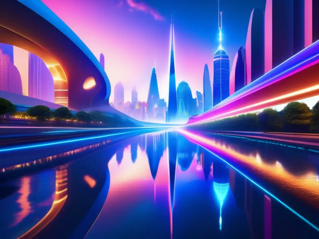 Futurista ciudad sobre río subterráneo Ciudad futurista sobre corriente subterránea: éxito financiero