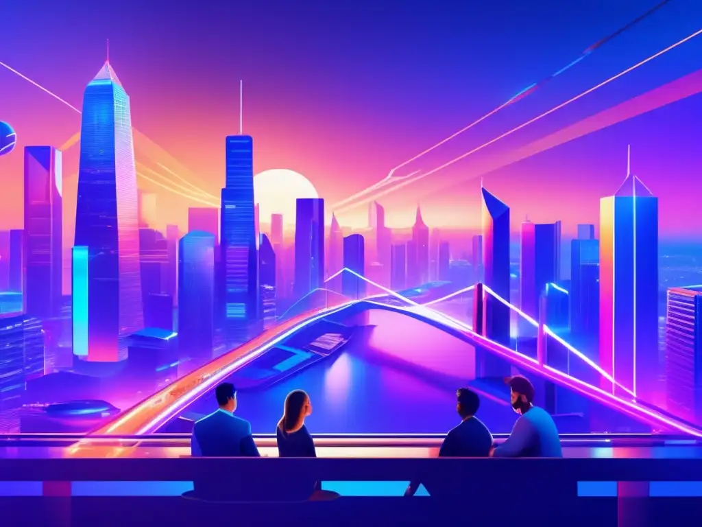 Futuroso paisaje urbano con criptografía Ciudad futurista criptoactivos España: Normativa, tecnología y profesionalismo