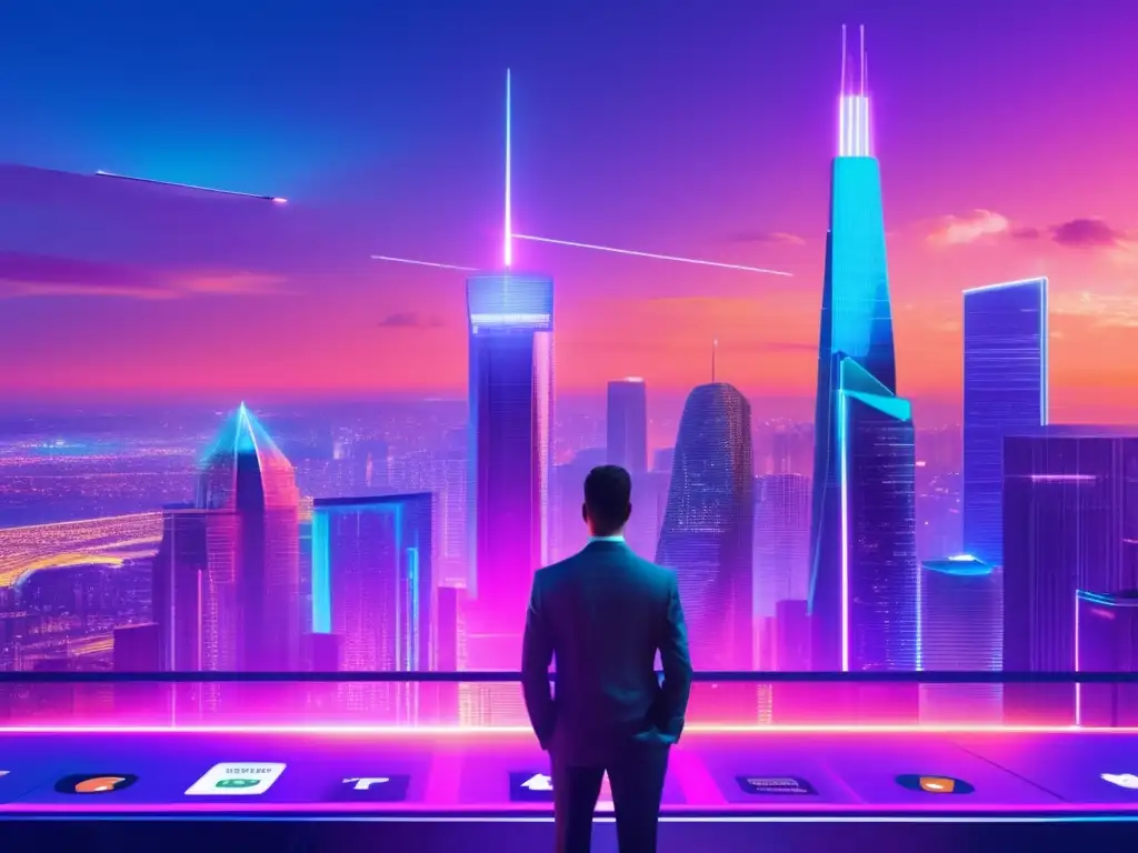 Ciudad futurista con criptomonedas Ciudad futurista con criptodivisas y regulaciones legales