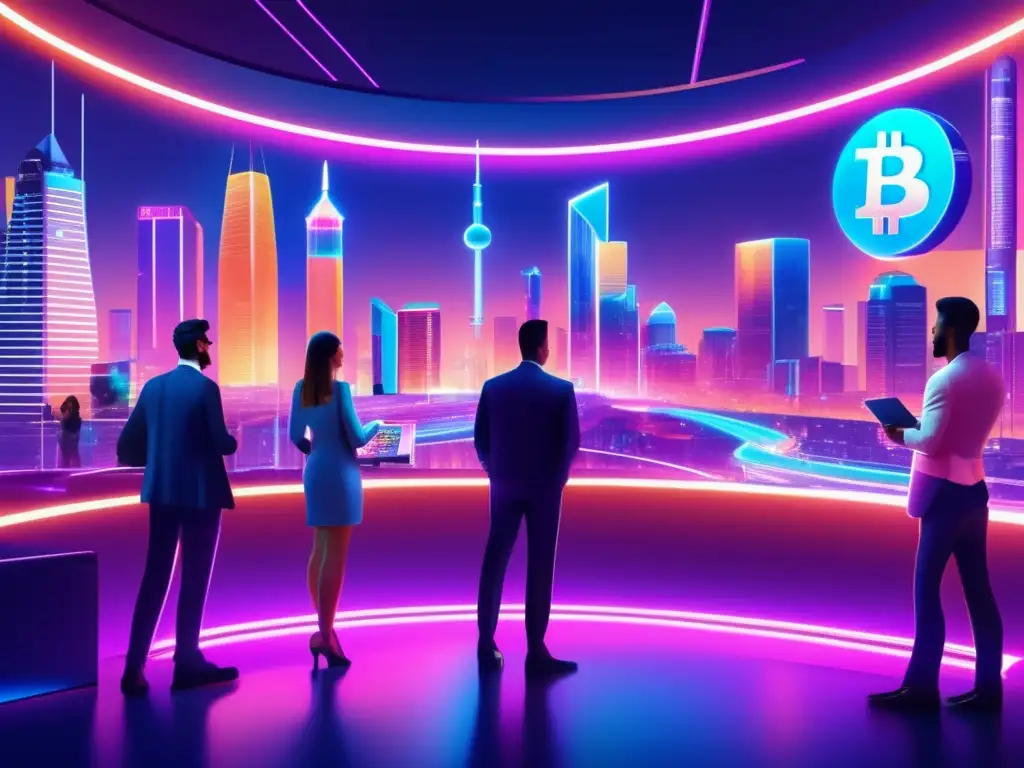 Futura ciudad nocturna con criptomonedas Ciudad futurista con criptomonedas: Beneficios y riesgos
