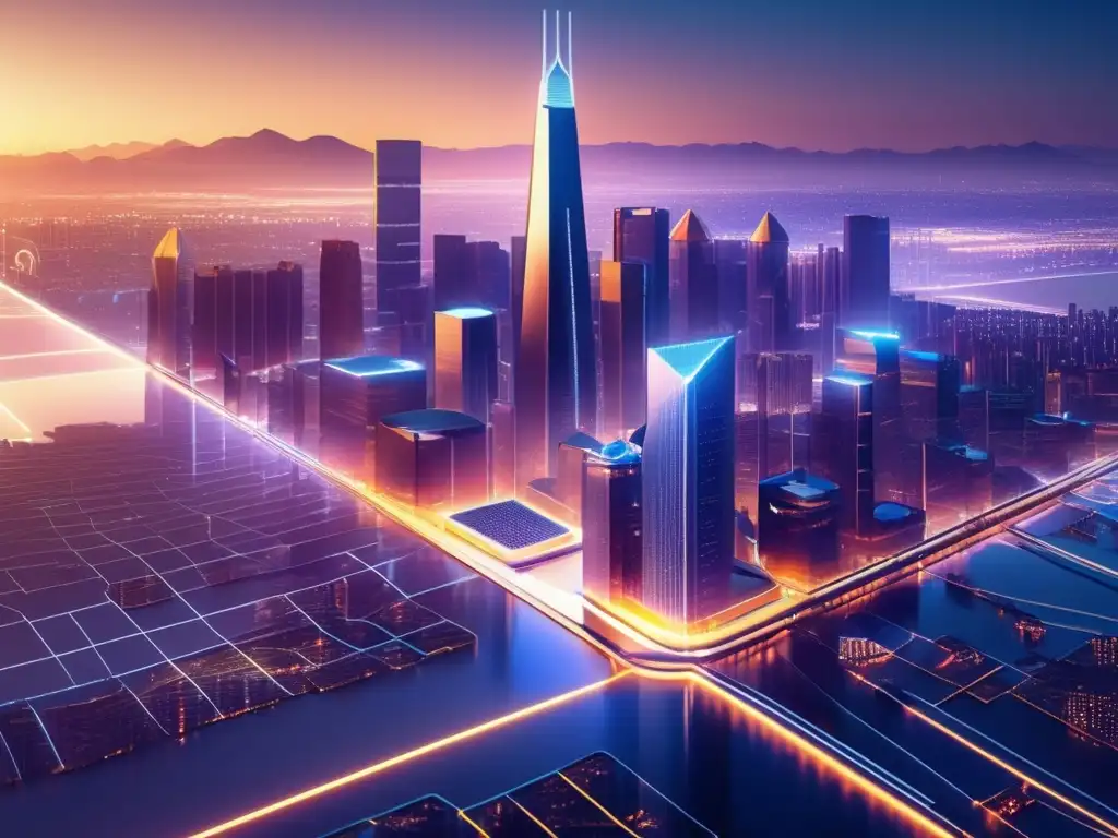 Futuro urbano con rascacielos y criptomonedas Ciudad futurista de criptomonedas: Ética, leyes y sustentabilidad en el sector