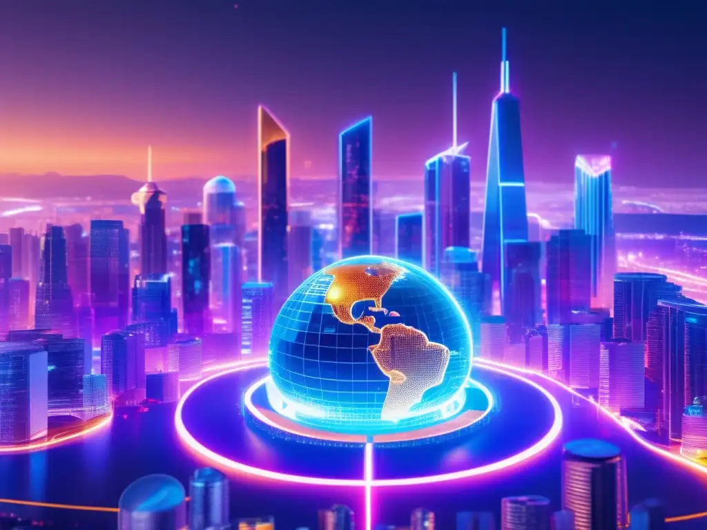 Ciudad futurista con rascacielos de criptomonedas y globos Ciudad futurista de criptomonedas: ¿Futuro dinero o burbuja?