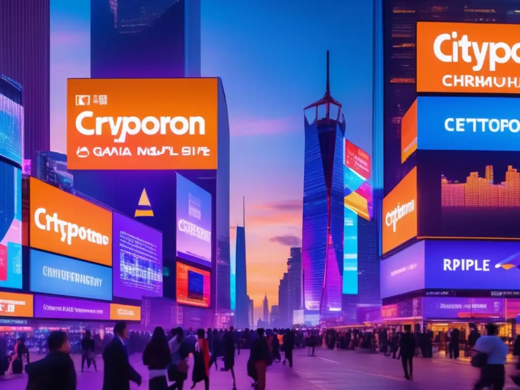 Ciudad nocturna con criptomonedas Ciudad futurista con criptomonedas: Impacto global y atención capturada