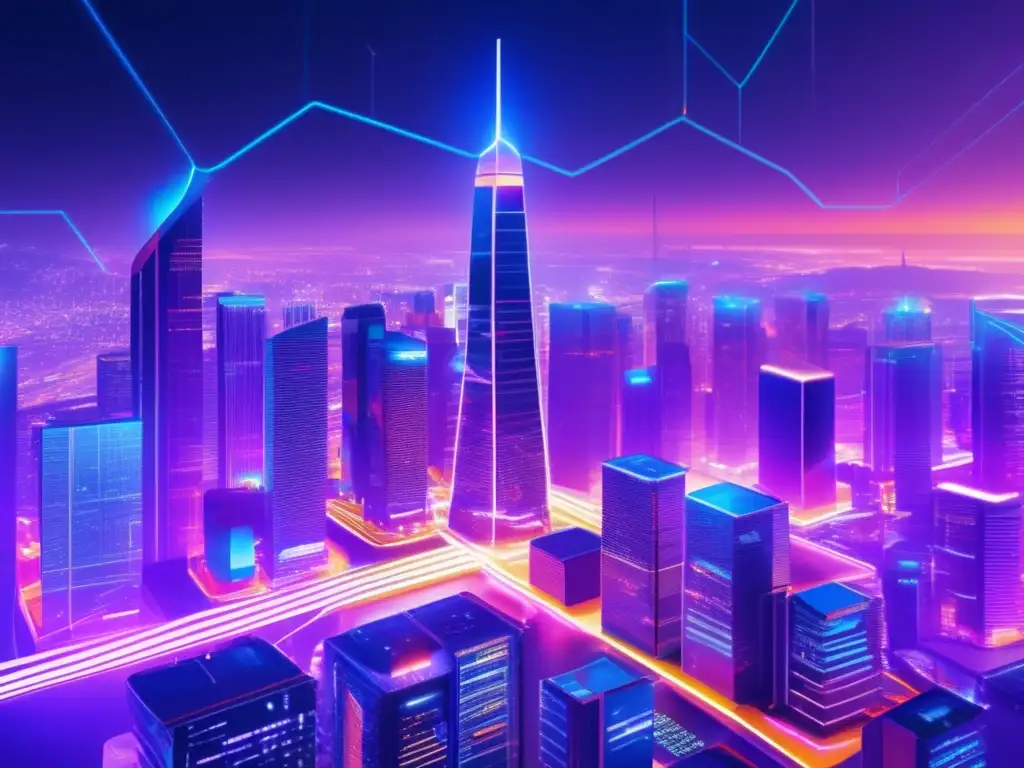 Ciudad futurista con rascacielos iluminados Ciudad futurista de criptomonedas: Inversiones rápidas