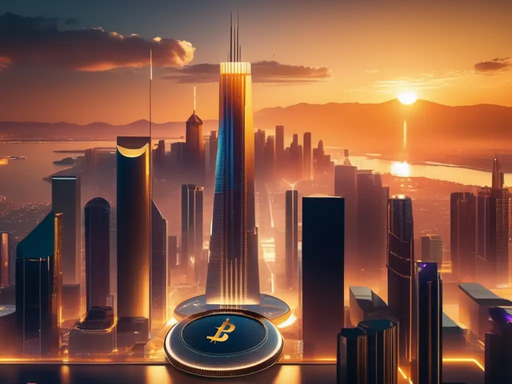Futuro cripto: ciudad futurista y criptomonedas Ciudad futurista con criptomonedas, progreso y accesibilidad