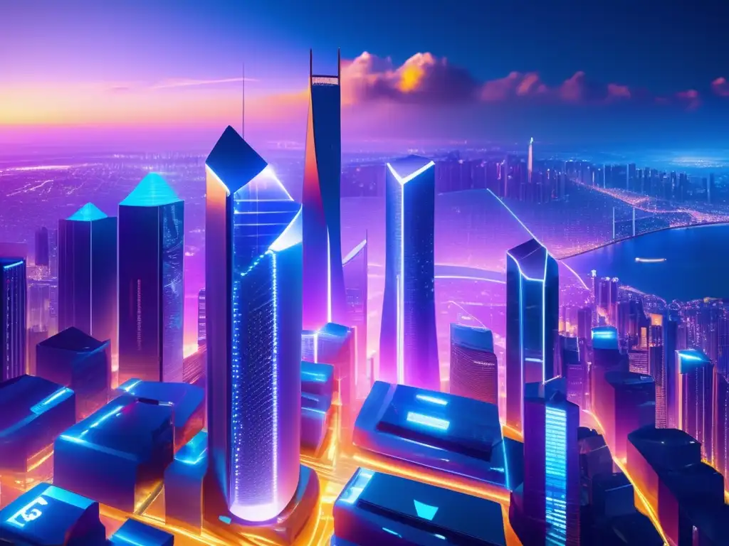 Futuro cripto-ciudad iluminada por símbolos de monedas digitales Ciudad futurista con criptomonedas: Ventajas criptomonedas desbancarizado