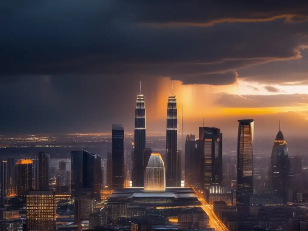 Ciudad futurista en crisis con esperanza Ciudad futurista en crisis: Estrategias de inversión durante crisis