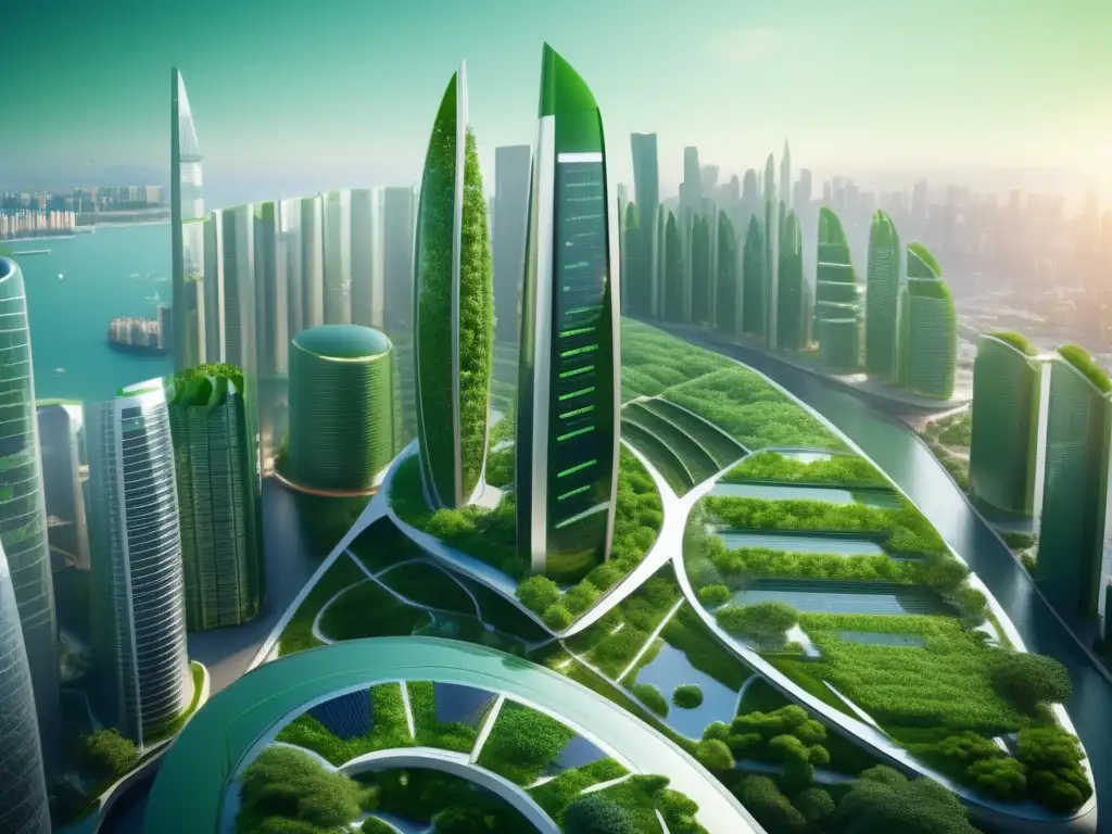 Futuro verde en la ciudad skyline Ciudad futurista con edificio verde, bonos verdes y mitigación de riesgos climáticos