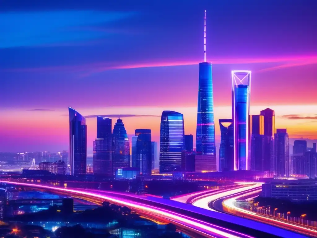Skyline tecnológico futurista Ciudad futurista con edificios iluminados por luces neón, representa la volatilidad, innovación y progreso en el sector tecnológico