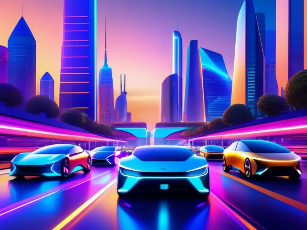 Futuroso metrópolis iluminado, vehículos eléctricos avanzados Ciudad futurista al anochecer, con edificios modernos y vehículos eléctricos avanzados - Estrategias fiscales para el retiro